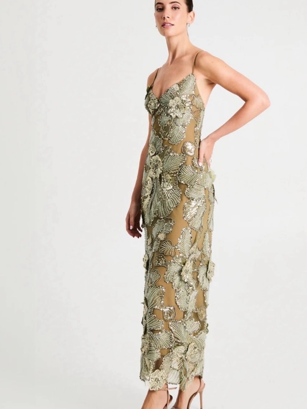 NEW Helsi Sage Green & Gold Beaded Floral Open Back Dress - XS - Picture 2 of 9